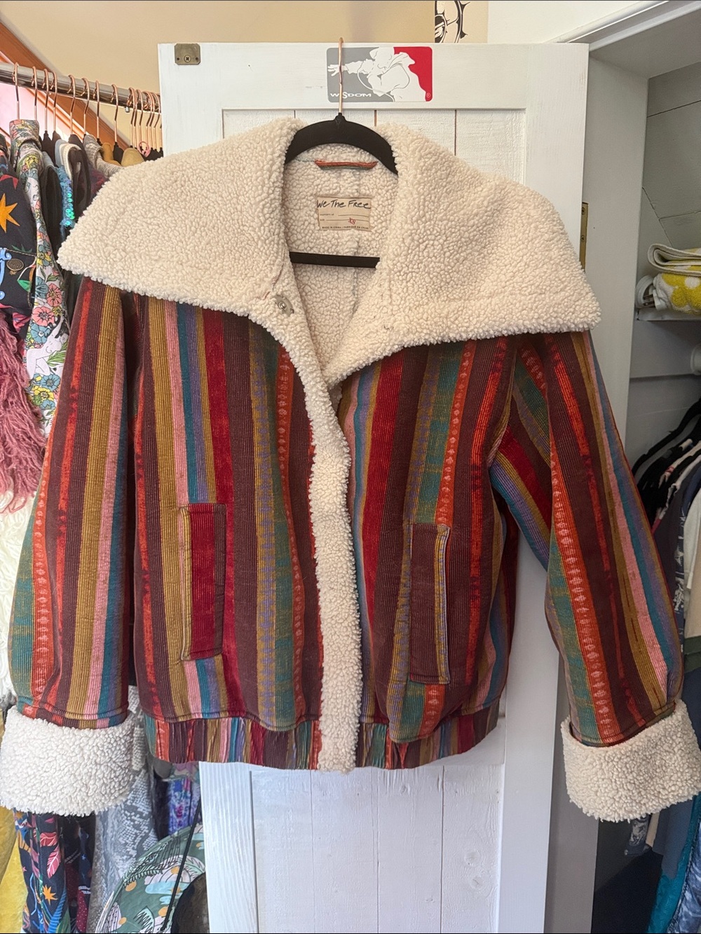 Free People Multicolor Striped Teddy Jacket with Cream Sherpa Collar